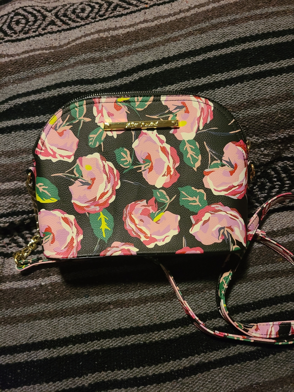 Betsey Johnson Black Crossbody with Pink Rose Floral Print